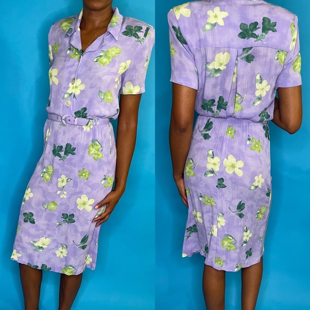 Vintage purple floral belted dress sz 6